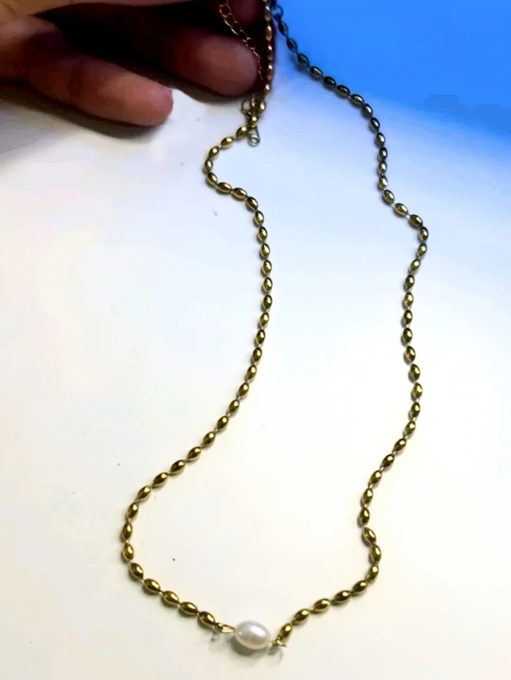 18k gp bean necklace with real freshwater pearl; 15.75" w/a 1.97" extender; nwot - Picture 7 of 10